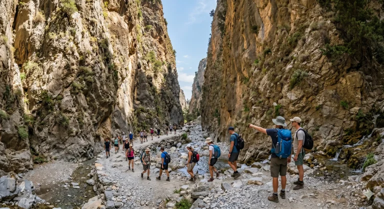 Turiști cu echipament de drumeție în Cheile Samariei Creta lângă panou informativ cu trasee 2026.