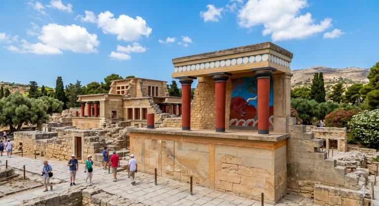 Palatul Knossos Creta cu faimoasele coloane rosii minoane si cer albastru, ghid vizita si legende