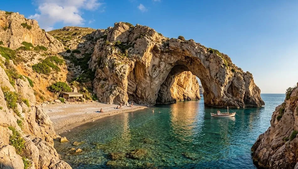 Plaja Tripiti, cu pestera, din regiunea Heraklion