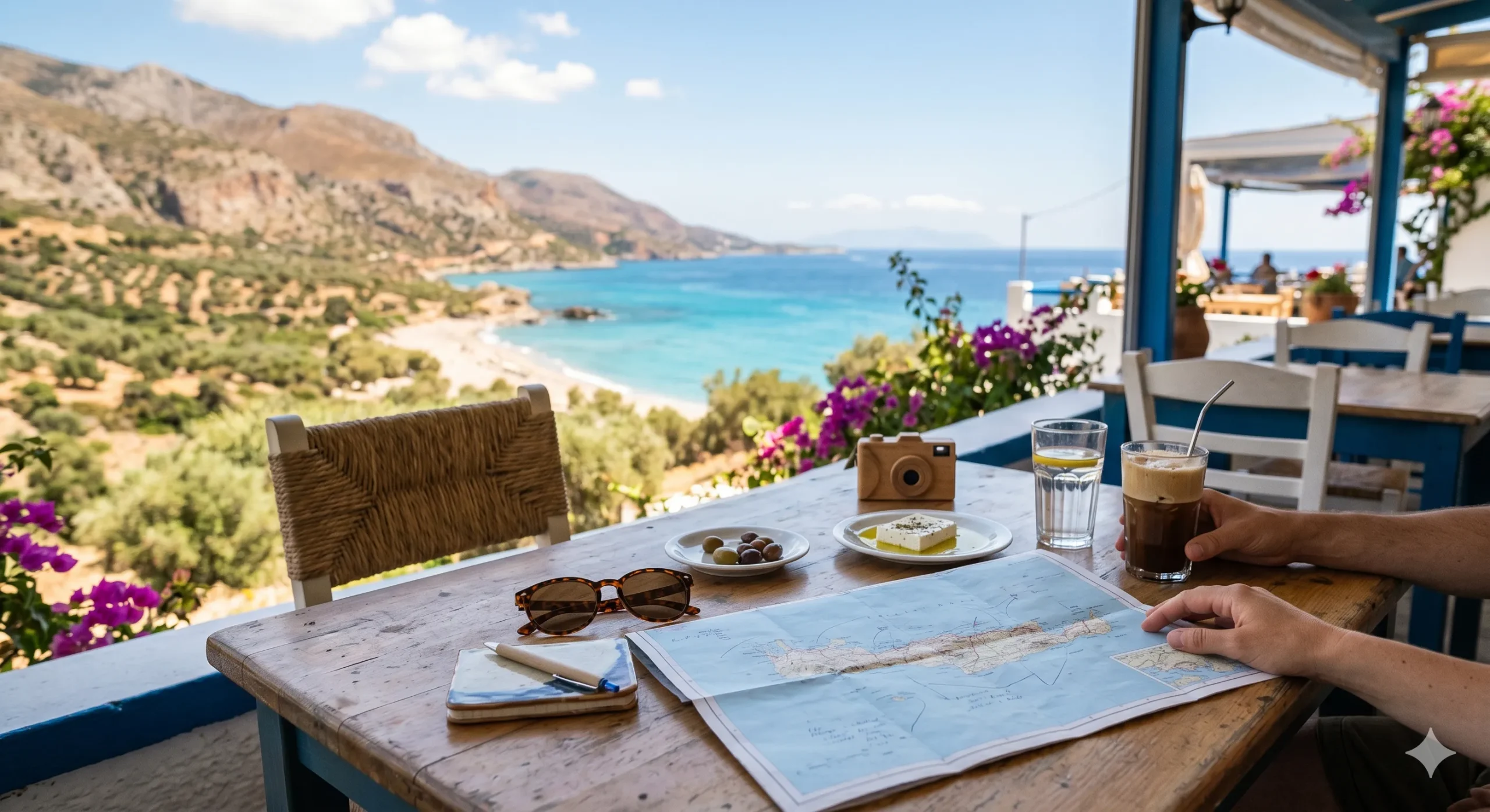 Masa de taverna cu harta Cretei, ochelari de soare si frappe, vedere panoramica spre marea turcoaz si coasta stancoasa