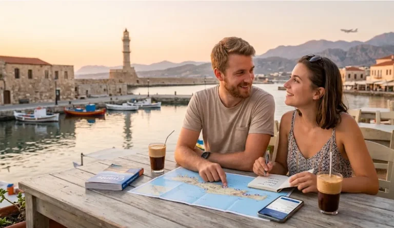 planificare vacanta Creta cuplu cafea port Chania