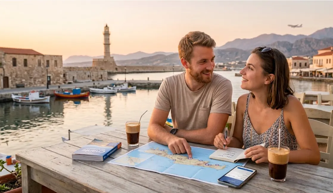 planificare vacanta Creta cuplu cafea port Chania