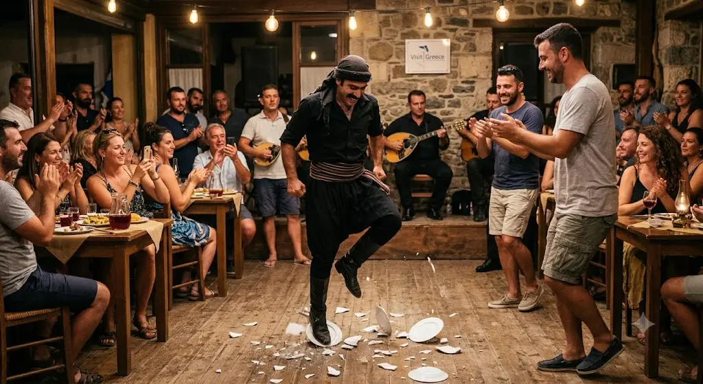 Seara grecească în Creta - optiuni de petreceri cu farfurii sparte, muzica, dans, mancare si bautura.